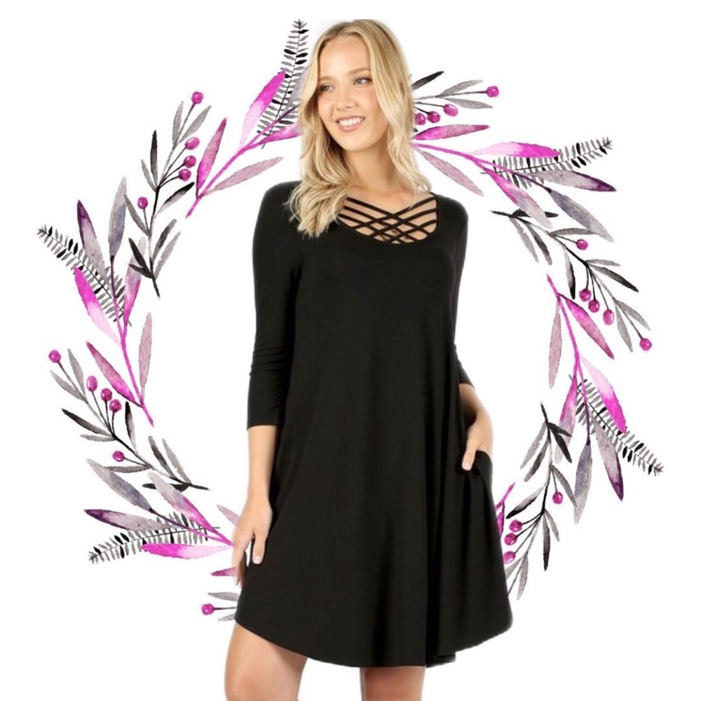 Black Criss Cross Strappy Tunic Dress W/ Pockets